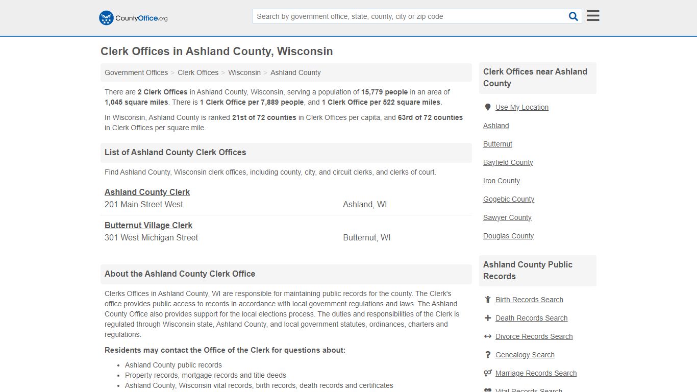 Clerk Offices - Ashland County, WI (County & Court Records)